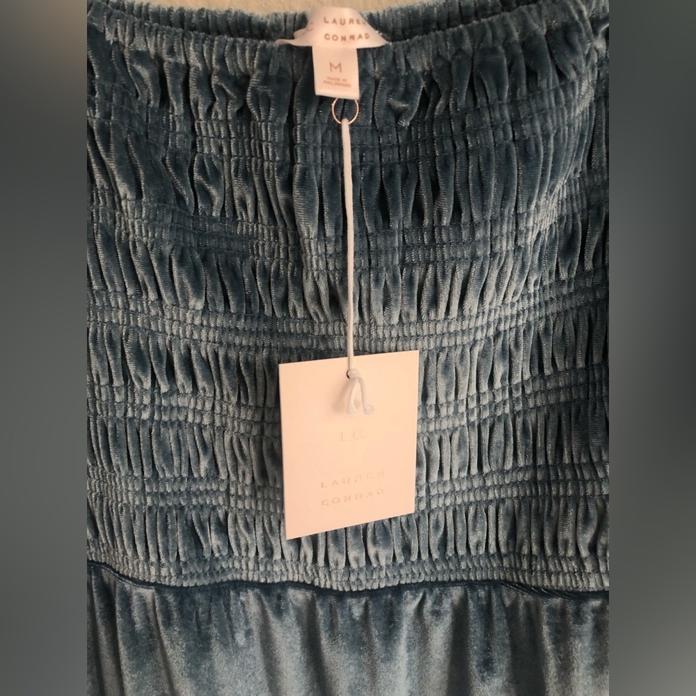 NWT LC Lauren Conrad satin blue square neck velvet mini dress in medium - Picture 4 of 9